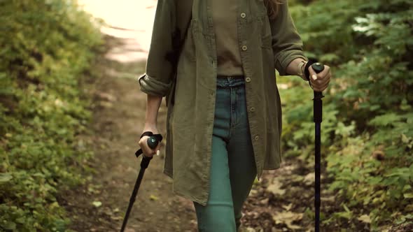 Hiker Practicing Nordic Walking In Forest. Sticks Walking On Jungle Foliage. Nordic Walking.