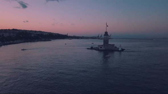 Aerial maiden tower at sunrise in istanbul bosphorus 