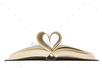 Open book with heart shaped pages. Love for reading. Isolated