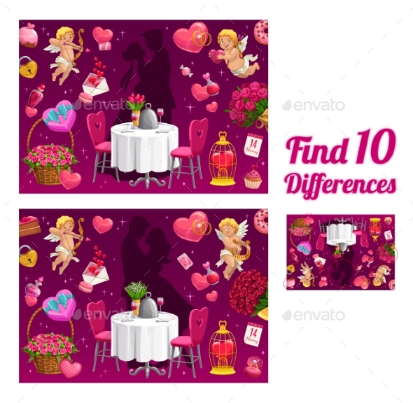 Kids Game Find Ten Differences Valentine Riddle