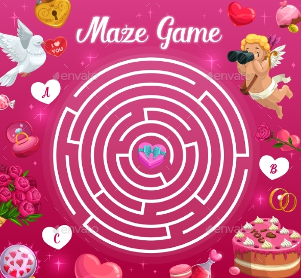 Kids Maze Game Valentines Day Vector Labyrinth