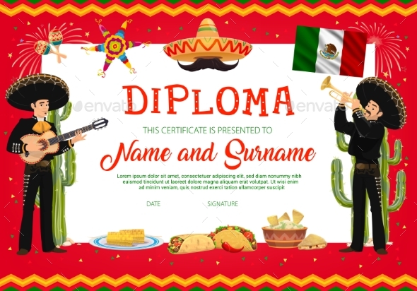 Diploma Vector Template with Mariachi Musicians