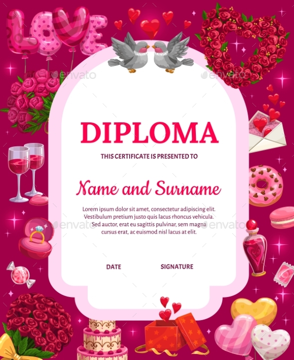 Valentines Day Diploma Vector Certificate