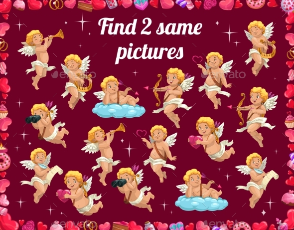 Kids Game Find Two Same Pictures of Cartoon Cupids