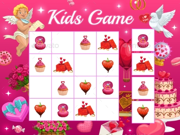 Kids Game Vector Riddle for Valentines with Cupid