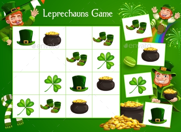 Kids Game Vector Riddle with Cartoon Leprechauns