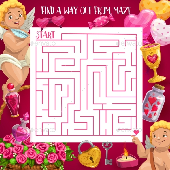 Kids Maze Game Valentines Vector Square Labyrinth