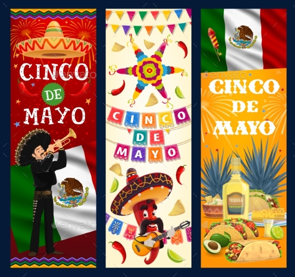 Cinco De Mayo Vector Banners Cartoon Mariachi