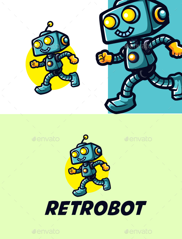 Retro Vintage Runing Robot Character Mascot Logo