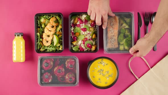 Food Delivery Top View Closing Take Away Meals in Disposable Containers on Pink Background