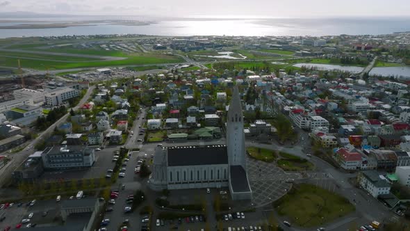 Aerial View of the Hallgrimskirkja Church in Reykjavik