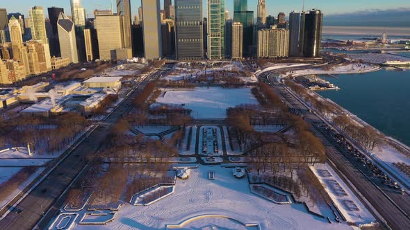 Urban Skyline of Chicago at Sunrise in Winter