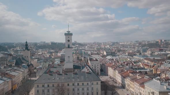 Aerial City Lviv, Ukraine. European City. Popular Areas of the City. Rooftops