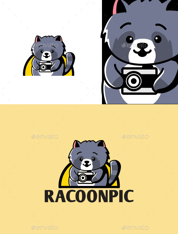 Cacrtoon Racoon Hold Camera Character Mascot Logo