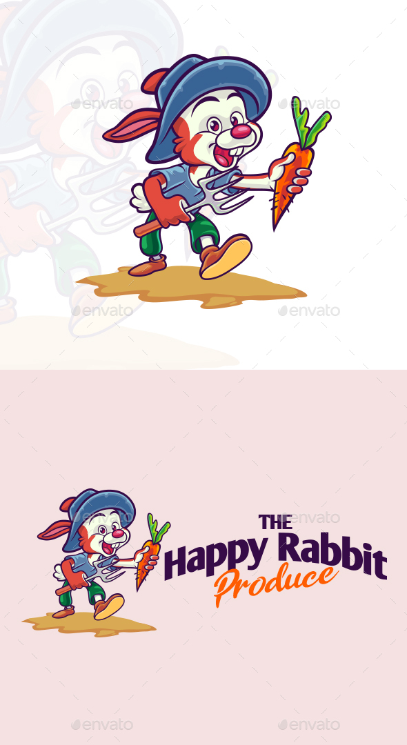 Cartoon Happy Rabbit Farm Produce Mascot Logo