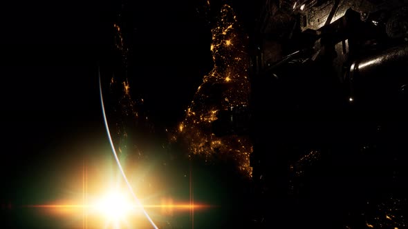 Flight Of Space Station On The Background Of The Rising Sun alt