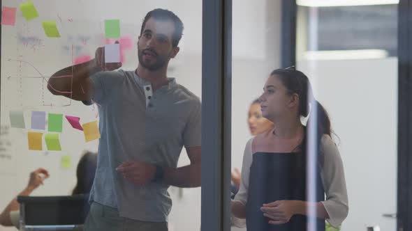 Diverse male and female work colleagues brainstorming using glass wall in meeting room