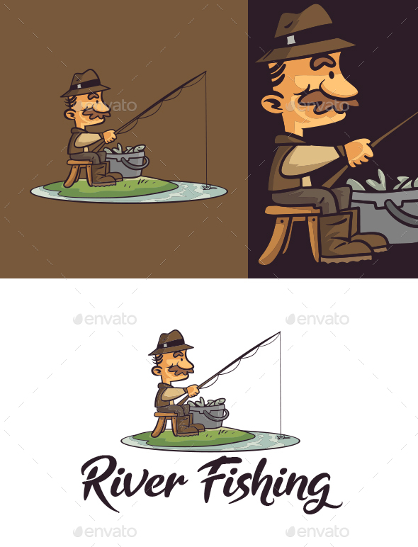 River Fishing - Cartoon Angler Character Mascot Logo