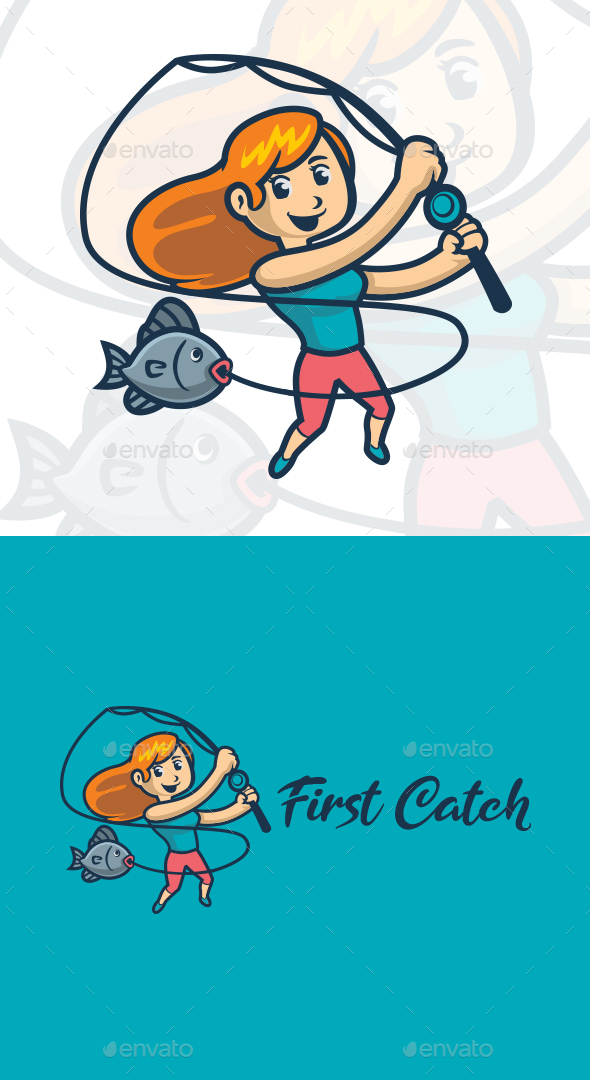 Cartoon Angler Girl Character Mascot Logo