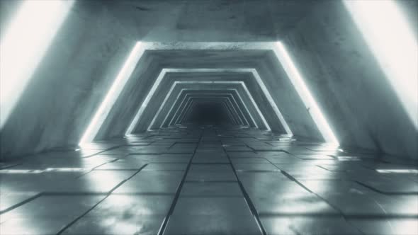 Flying in Futuristic Tunnel with Fluorescent Ultraviolet Lights