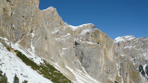 Aerial, Breathtaking View On Snowy Dolomites Mountains, Huge Peaks And Beautiful Winter Landscape