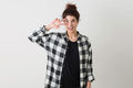 portrait of young hipster pretty woman in checkered shirt - PhotoDune Item for Sale
