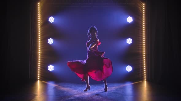 Silhouette of a Slender Dancer Dancing Passionate Argentine Flamenco in a Dark Studio Against the