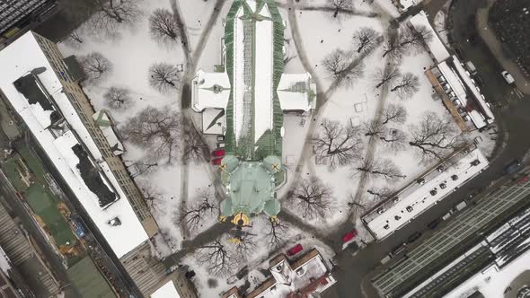 Wide birds-eye view overlooking famous tourist attraction, Church of St Clare in central Stockholm,S