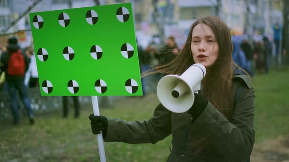 Girl Strike Empty Banner Copy Space. Fight Protest. Scream Angry Young Woman.