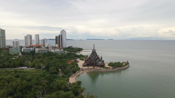 Orbit of The Sanctuary of Truth in Pattaya, Thailand. The wooden temple in Asia