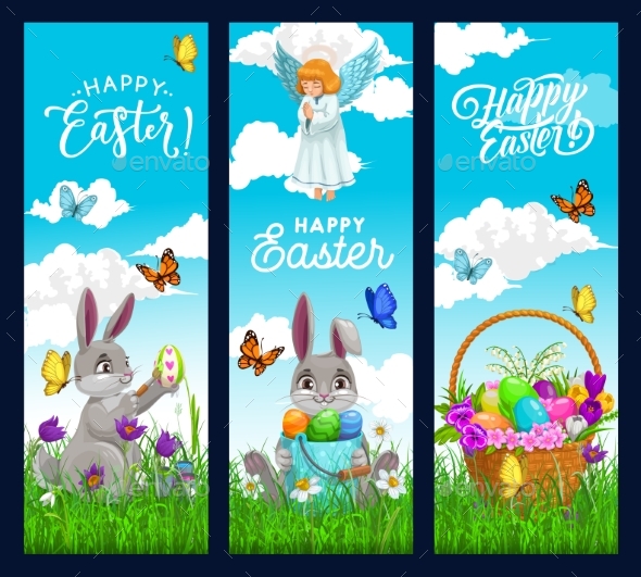 Easter Bunny with Egg Hunt Basket Vector Banners