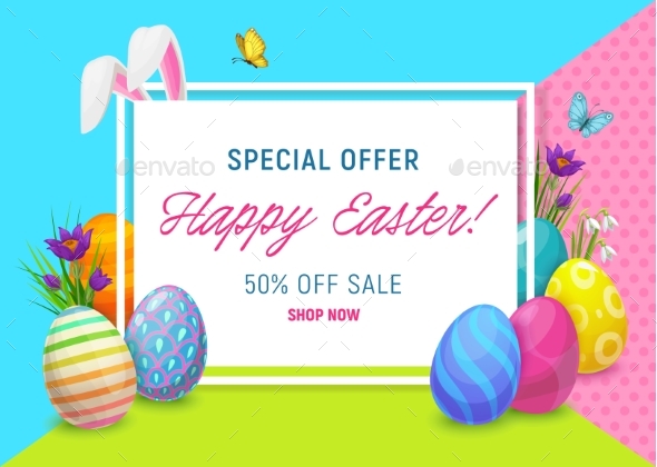 Easter Sale Offer Poster with Eggs and Bunny
