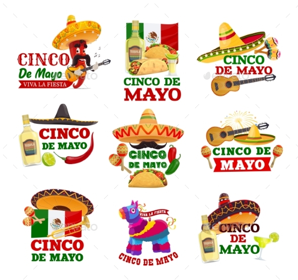 Cinco De Mayo and Viva Mexico Isolated Icons