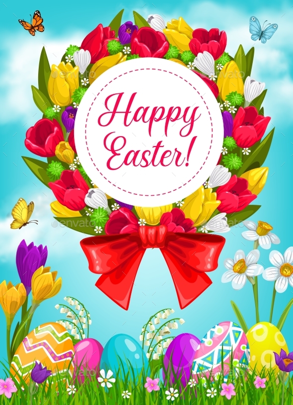 Easter Eggs with Flower Wreath Greeting Card