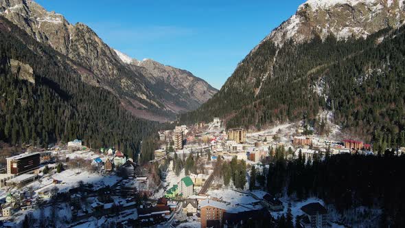 Aerial View of Dombai Village in Winter in the North Caucasus
