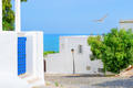 View from street of white with blue city to sea - PhotoDune Item for Sale