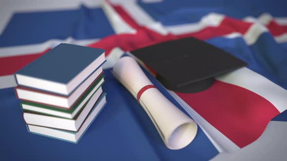 Graduation Cap and Diploma on Flag of Iceland