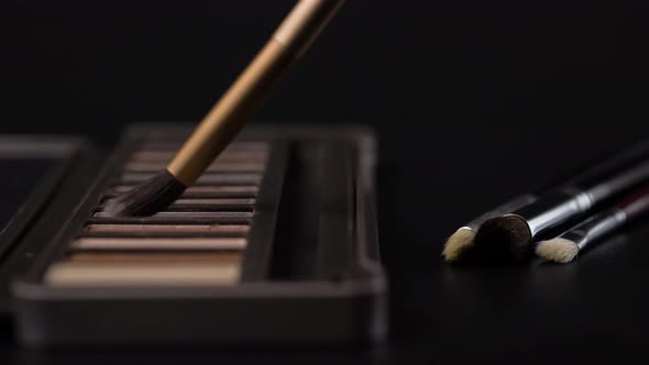 Palette of Eyeshadow and Brushes on Black Background. Set of Cosmetics on Dark