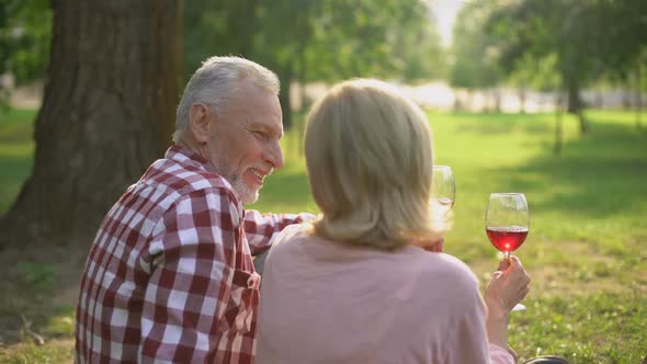 Pleased Retired Male and Female Enjoying Romantic Date in Park and Drinking Wine