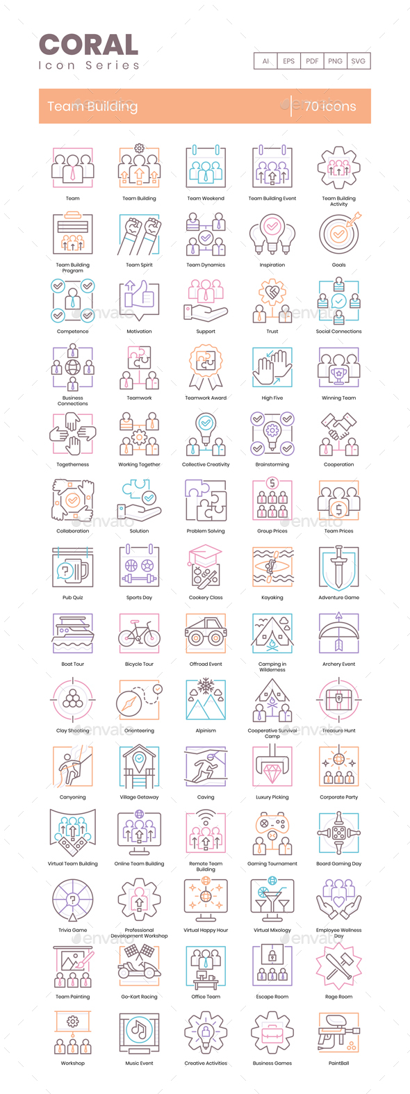 70 Team Building Icons | Coral Series
