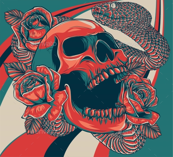 Skull with Roses and Snake Vector Illustration
