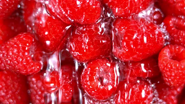 Super Slow Motion Shot of Splashing Water to Fresh Raspberries at 1000Fps