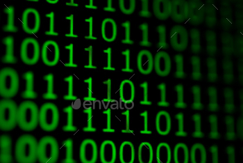 Numerical continuous code in green color, abstract web data in binary code.