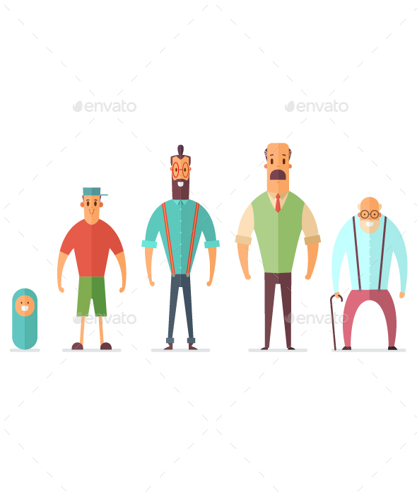 Baby, Teenager, Young, Adult And Elderly Person. Vector Cartoon Man Character.