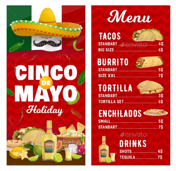 Mexican Holiday Vector Menu Cinco De Mayo Meals