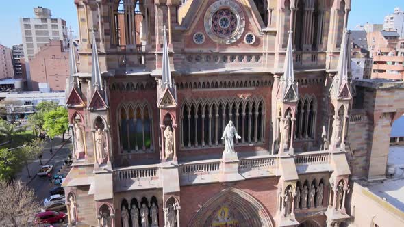 Aerial elevation shot overlooking the main facade of roman catholic Sacred Heart Church of the Capuc