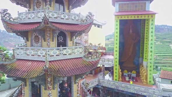 Drone Moves From Top To Bottom of Pagoda Bell Tower