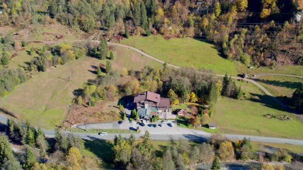 Drone Flight Over Buildings Near Klammsee Reservoir In Autumn