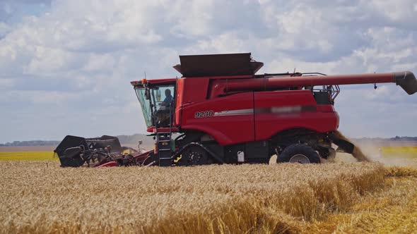 Red Combine Harvester on the Golden Field