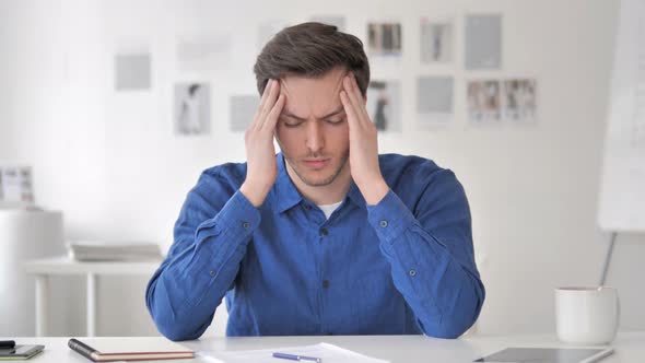 Headache, Tense Casual Adult Man with Head Pain at Work